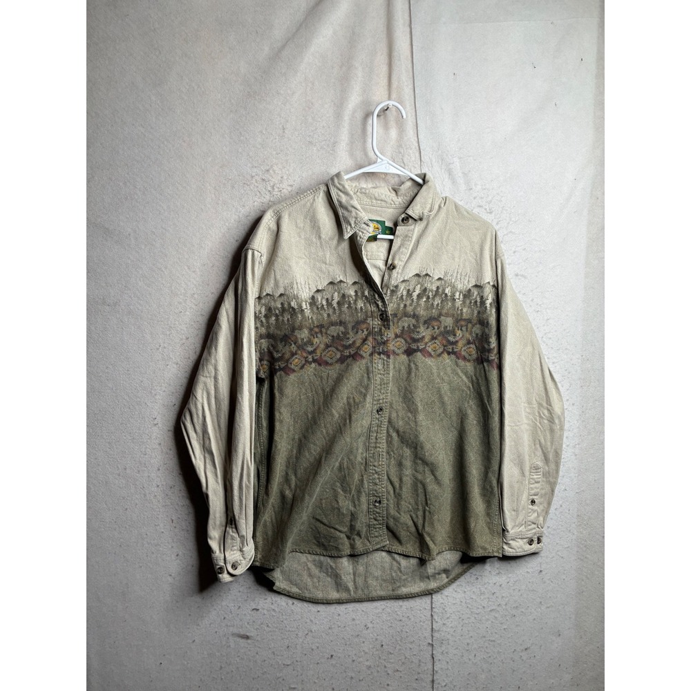Cabelas Women L Khaki Green Cotton Scenic Mountain Bear Southwest Button Shirt